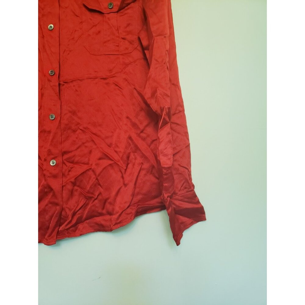 Talbots Women 12 Blouse Button Front Red 100% Silk Classic Roll Tab Sleeve Flap - Picture 3 of 6